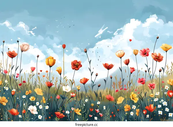 vibrant flowers in a field with a blue sky and white clouds
