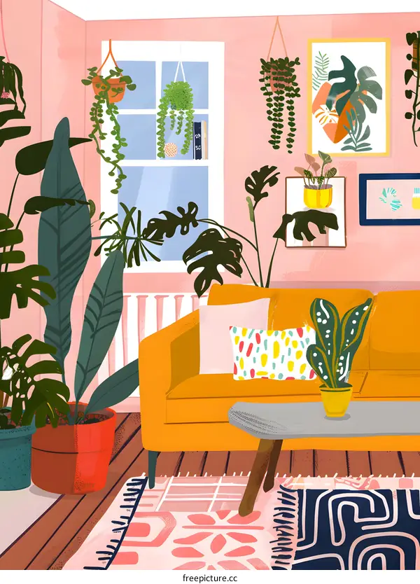 Illustrated Living Room with Plants and a Yellow Sofa