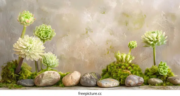 Green Succulents and Stones on Mossy Ground