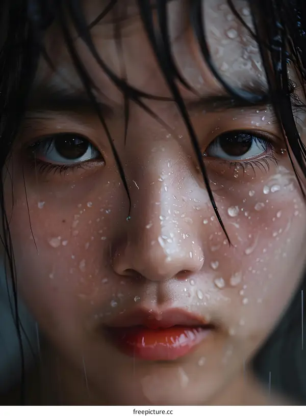 Portrait of a young woman with water drops on her face