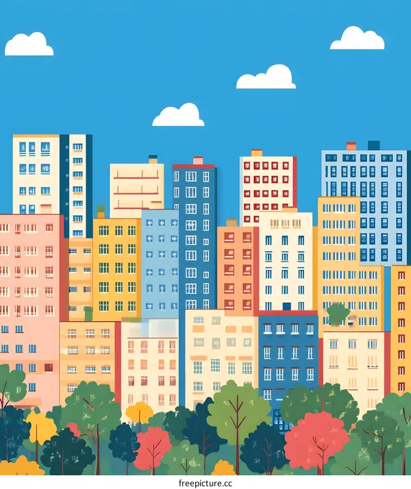 Colorful Cityscape Illustration with Blue Sky and Trees