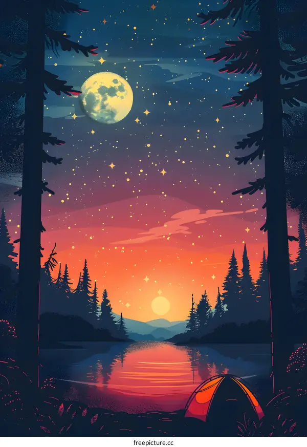 Camping Under the Stars and Moon in a Forest by a Lake