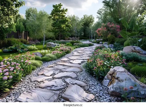 Stone Path Leading Through Lush Garden