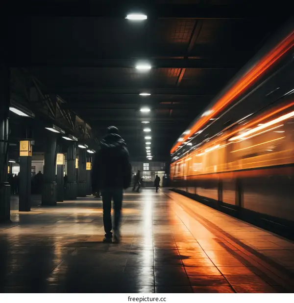 Motion blur of a man walking in a train station with a train passing by