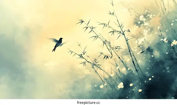 Artistic Bamboo and Bird in Misty Landscape