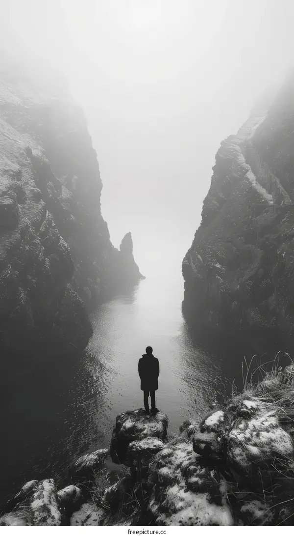 Man standing on a rock in a narrow fjord surrounded by high cliffs