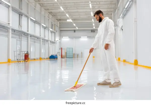 Worker Cleaning a White Epoxy Floor in a Large Warehouse