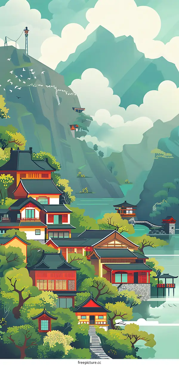 Traditional Chinese Architecture in Mountains Illustration