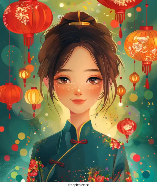 lantern festival illustration of a girl in a cheongsam