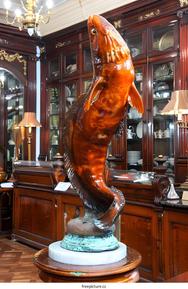 antique fish sculpture in a vintage cabinet