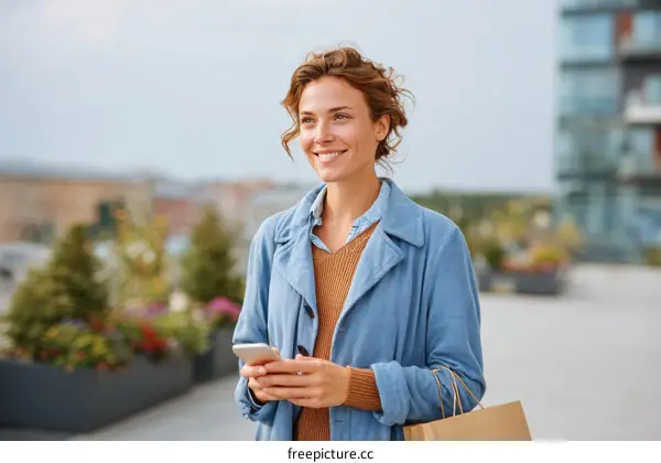 Smiling Woman Outdoors with Phone