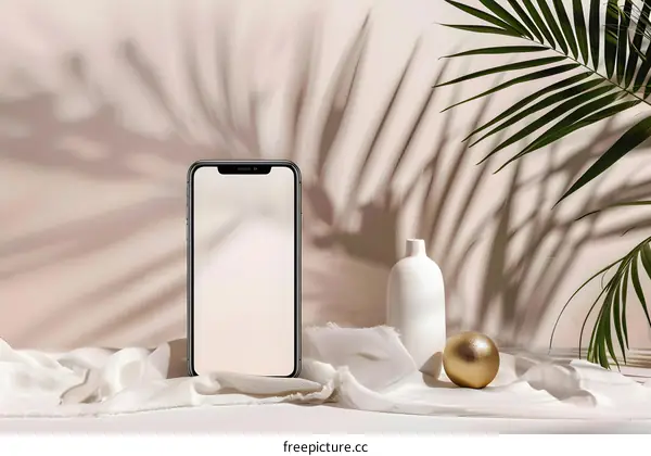 Minimalist Aesthetic Mockup with Smartphone, Vase and Gold Orb
