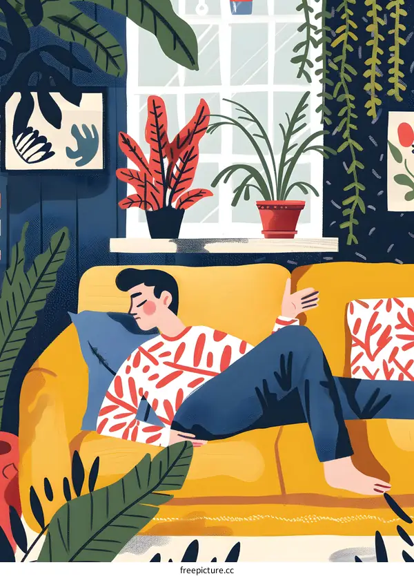 Man Relaxing on Couch in a Cozy Room