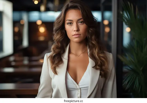 A beautiful young woman in a white blazer is sitting in a restaurant.