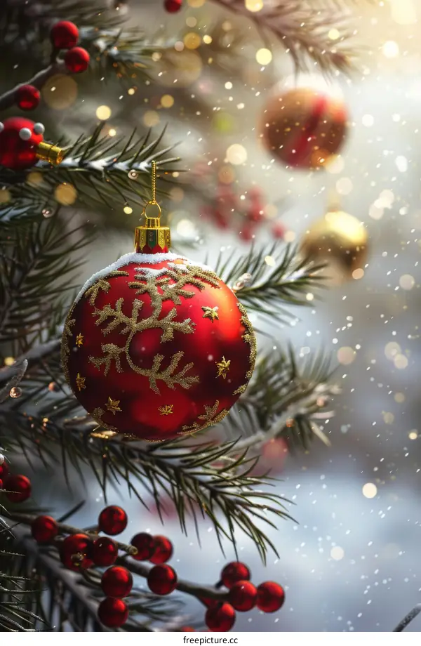 Christmas Decorations on a Snowy Tree Branch