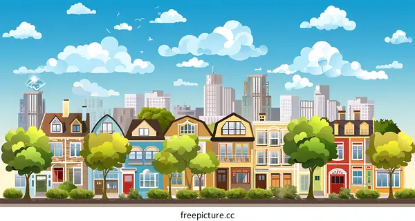 Beautiful Cityscape with Colorful Houses and Green Trees