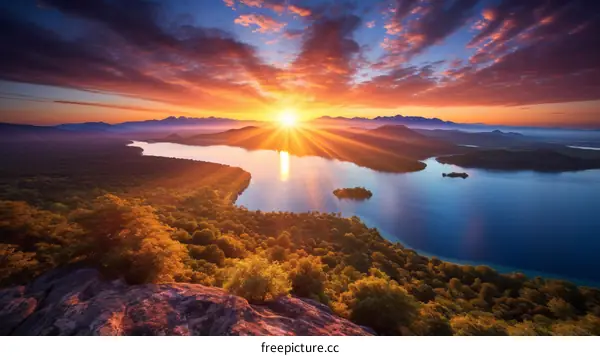 Majestic Sunset over Tranquil Lake and Mountains