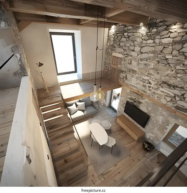 Modern Rustic Living Room Interior Design With Stone Wall and Wooden Beams