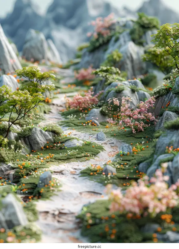 Mountain Landscape With Flowers And Path