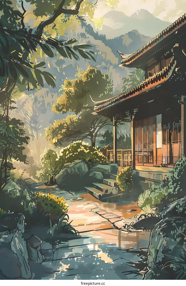 Traditional Chinese Architecture With Mountain Landscape Background