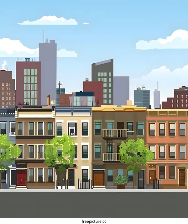 Cityscape Illustration with Row Houses and Blue Sky