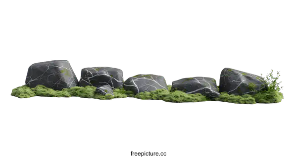 [Transparent Background PNG]Gray Rocks with White Veins and Green Moss