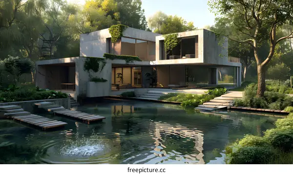 Modern house with pond and garden