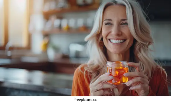 Portrait of happy mature woman holding jar of pills at home