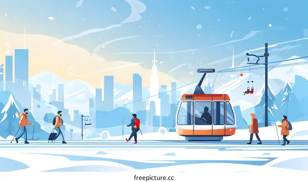 Winter Cityscape With People Walking And Ski Lift