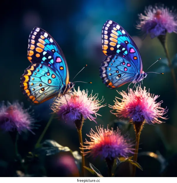 Blue and Orange Butterfly Pair on Thistle Flower