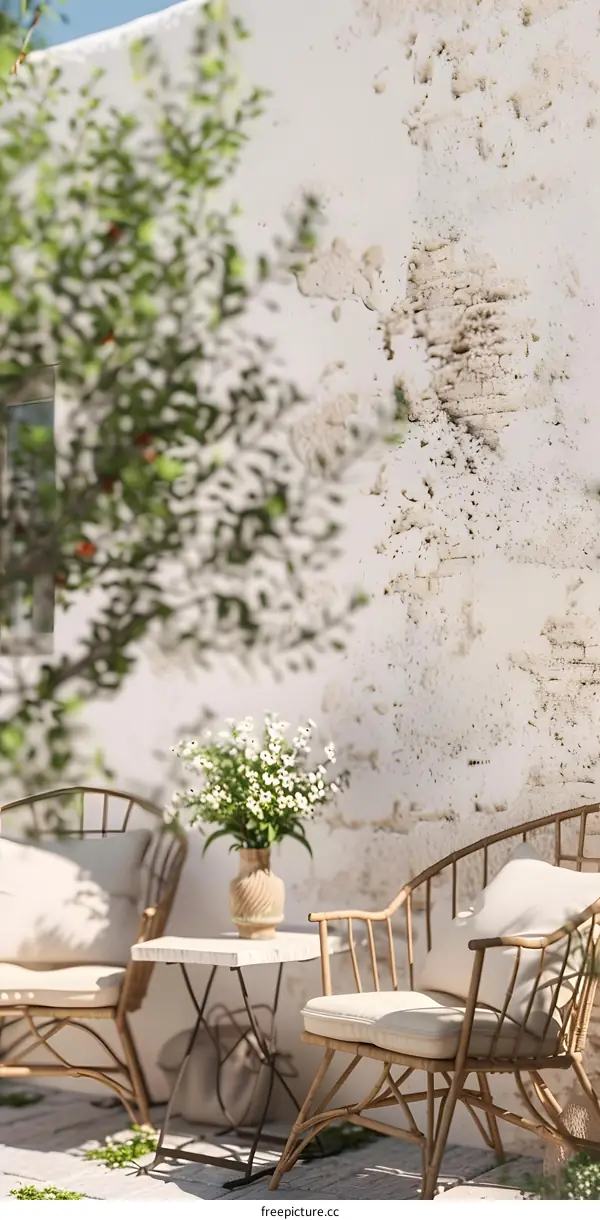White Wall with a Small Patio and Two Wicker Chairs