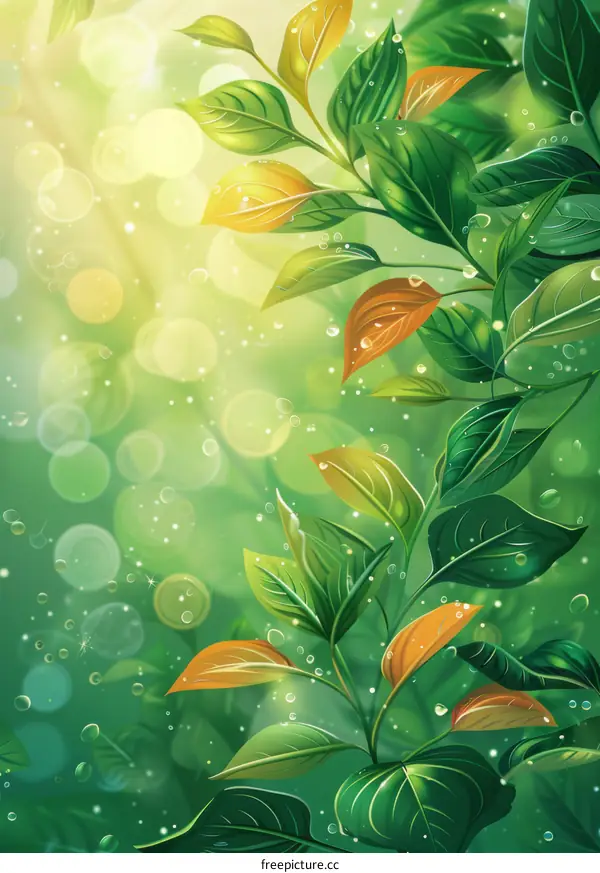 Sunlight Illuminating Dew-Covered Leaves