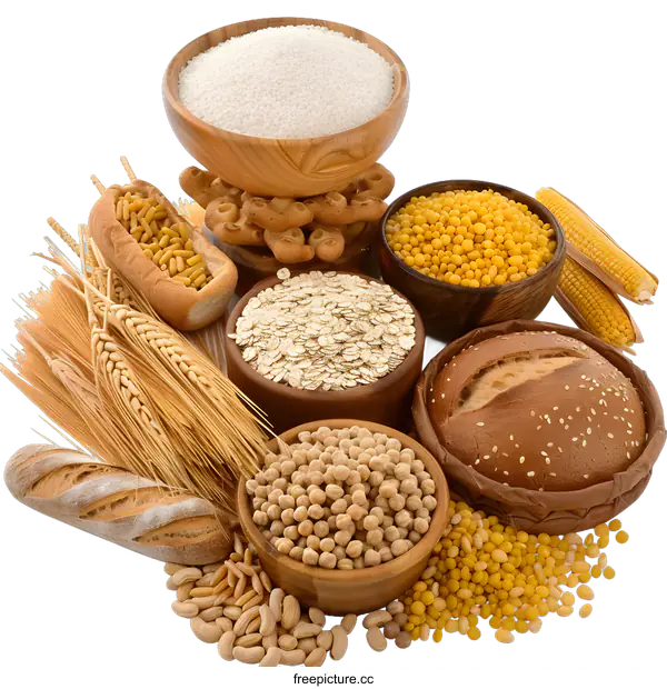 [Transparent Background PNG]Various Grains and Cereals in Bowls on White Background