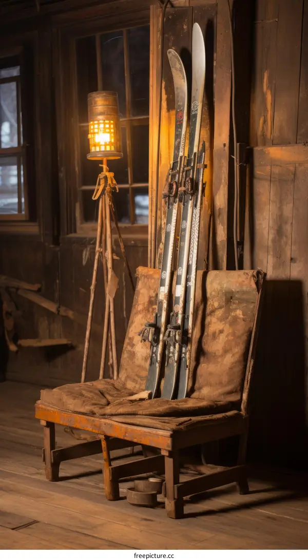 Pair of Skis Leaning Against a Chair in a Wooden Mountain Cabin