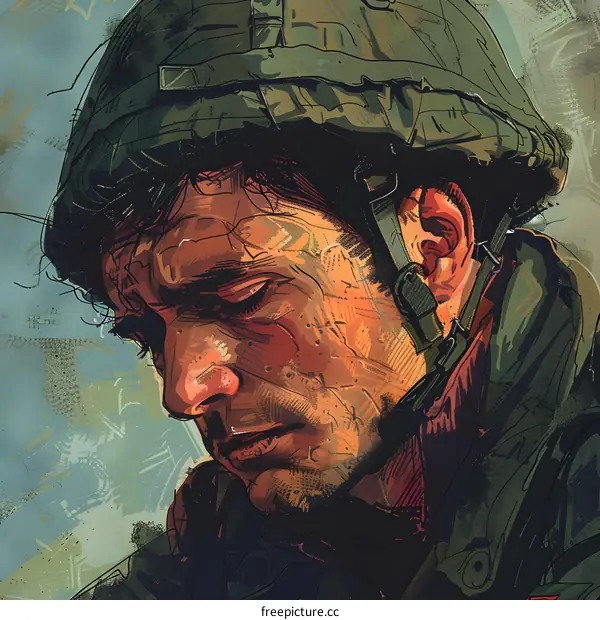 Portrait of a soldier wearing a green helmet