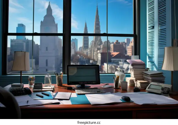 An inspiring view of a city from an office desk