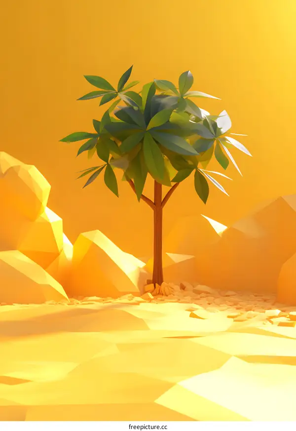 Low Poly Tree and Landscape with Yellow Background