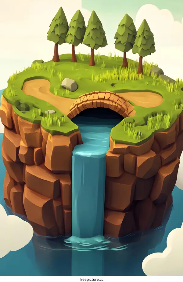 Low Poly 3D Illustration of a Small Island with a Waterfall