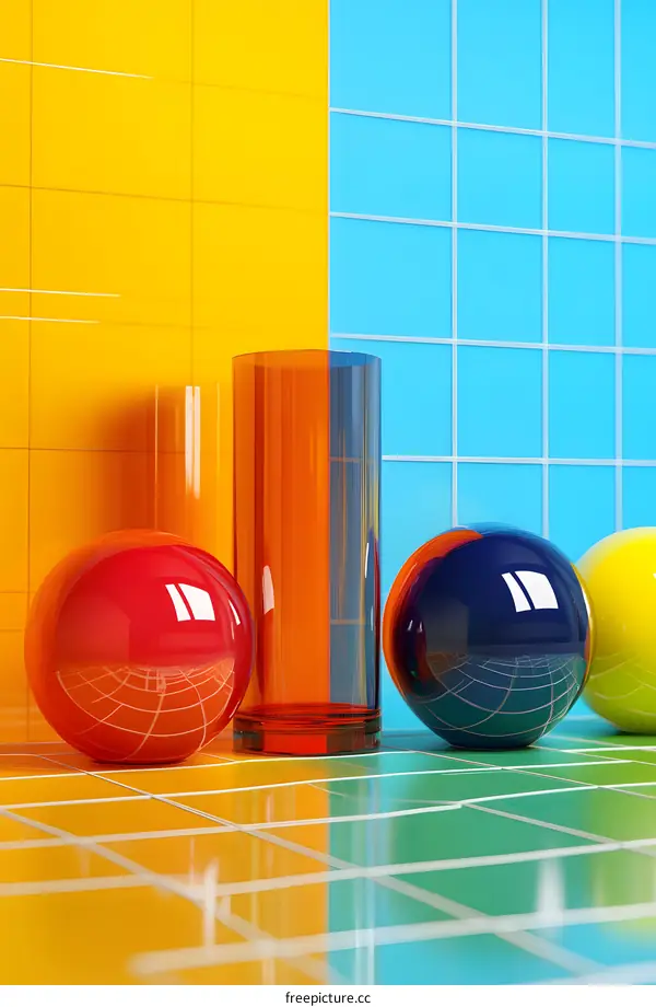Abstract Colorful Glass Sphere and Cylinder on Tile Background