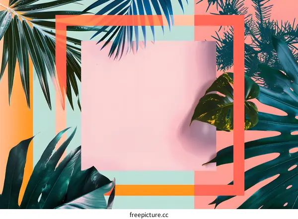 Tropical Leaves Background With Pink Frame