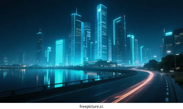 Modern Cityscape with Illuminated Skyscrapers and Light Trails