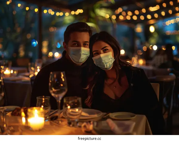 A couple wearing surgical masks sitting at a table in a restaurant