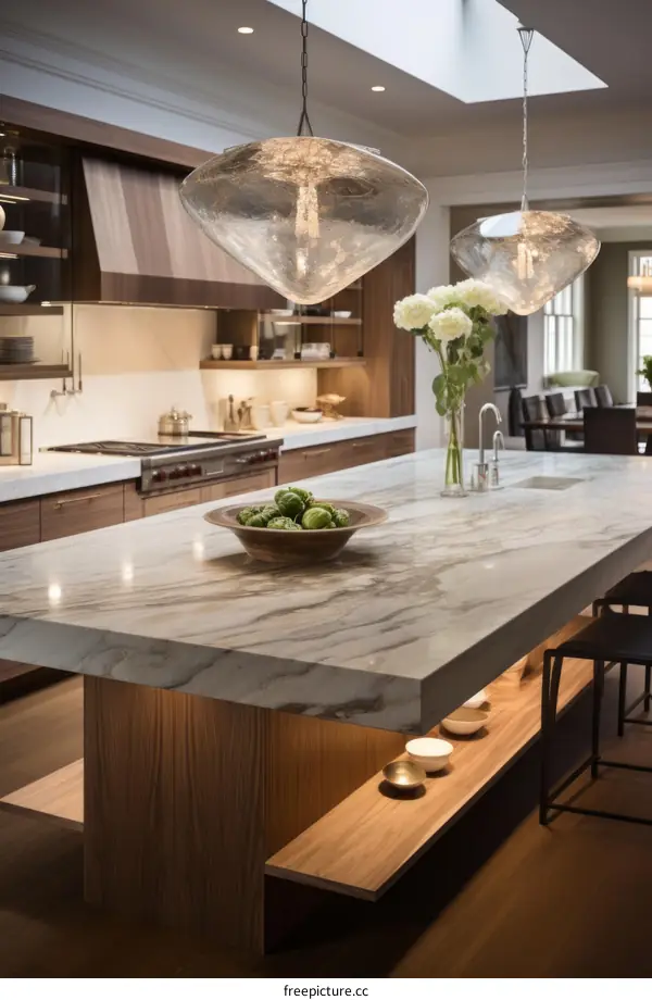 Walnut Kitchen Island with Marble Top and Glass Globe Lights
