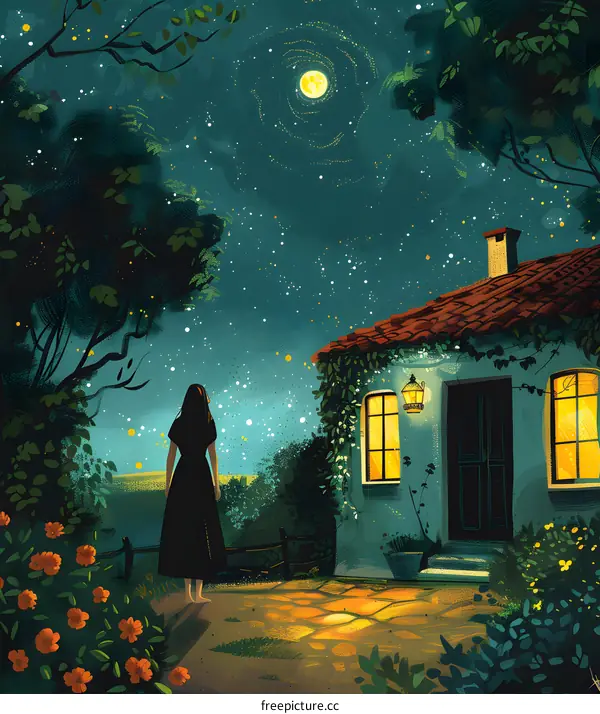 girl looking at the starry night from her house