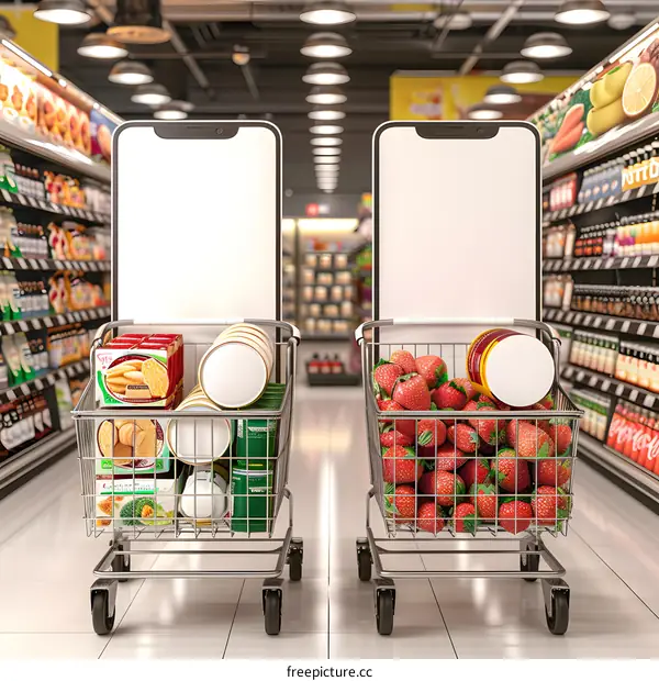 Mobile Phone Mockup In Grocery Store With Shopping Carts