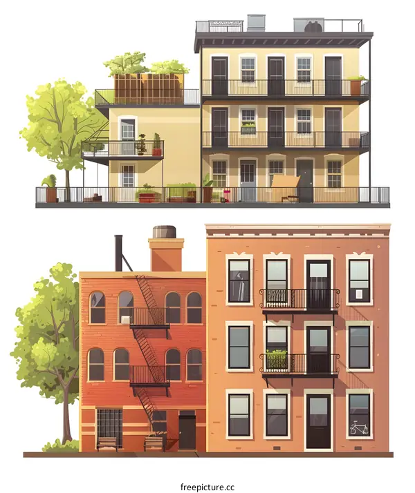 Cartoon Illustration of Two Buildings in Urban Setting