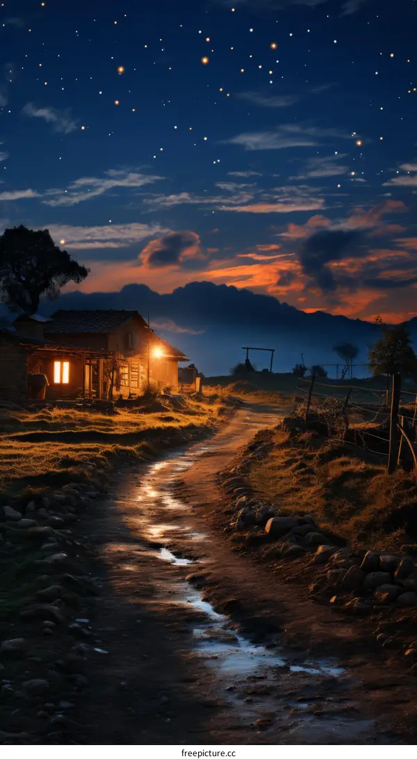 Country Road at Night with Distant House and Starry Sky Above