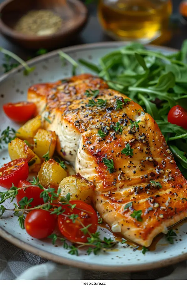 Honey Garlic Butter Salmon with Roasted Potatoes and Arugula Salad