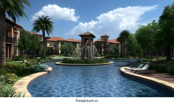 Luxury Resort Style Pool and Fountain with Lush Greenery and Palm Trees