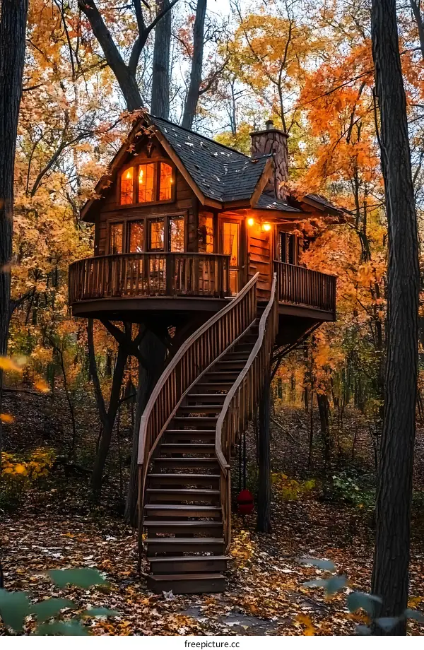 Wooden Treehouse With Spiral Staircase in Autumn Forest